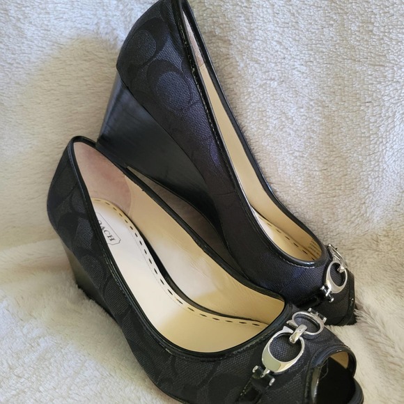 Coach Shoes - Coach Signature Black Precious Peep Toe Wedge Fabric Patent Leather Heel ✨sz 8✨